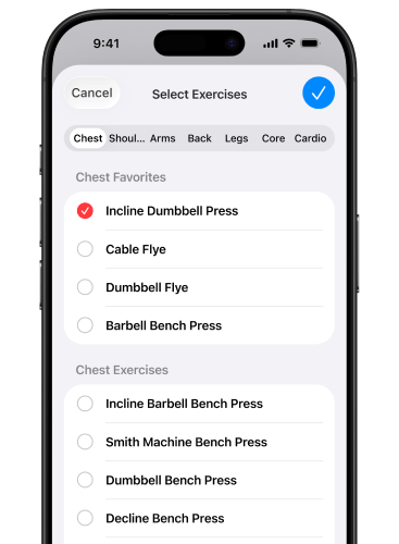 Workout search and favorites screen